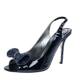 Gine Blue Patent Leather And Glitter Bow Embellished Slingback Open Toe Sandals